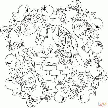 Easter Mandala with a Busket, Rabbit, Chickens and Eggs coloring page |  Free Printable Coloring Pages