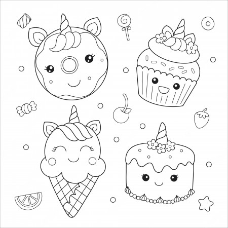 Premium Vector | Donut cupcake ice cream cake unicorn dessert coloring  doodle illustration