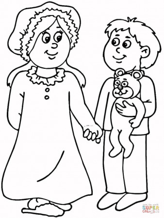 Mom and son in Pajamas coloring page | Free Printable Coloring Pages