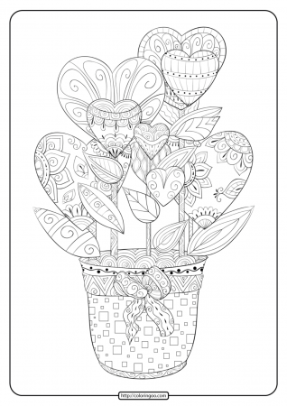 Free Printable Hearts in a Flower Pot Coloring Page