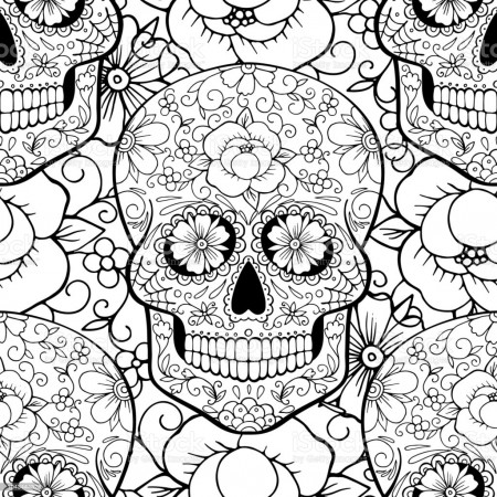 Seamless Pattern With A Sugar Skull Coloring Page Stock Illustration -  Download Image Now - iStock
