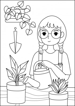 girl activity gardening coloring page for kids 3481938 Vector Art at  Vecteezy