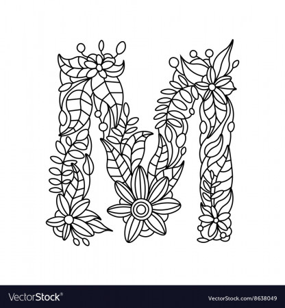 Letter m coloring book for adults Royalty Free Vector Image