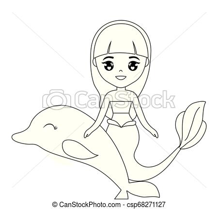 Cute mermaid with dolphin animal vector illustration design.