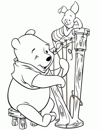Winnie The Pooh Playing Harp Instrument Coloring Page | HM 