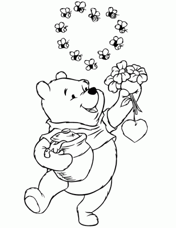 Winnie The Pooh Holding Flowers And Honey Jar Coloring Page | Free 