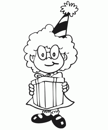 Birthday Coloring Page | A Girl With Hat Holding A Gift