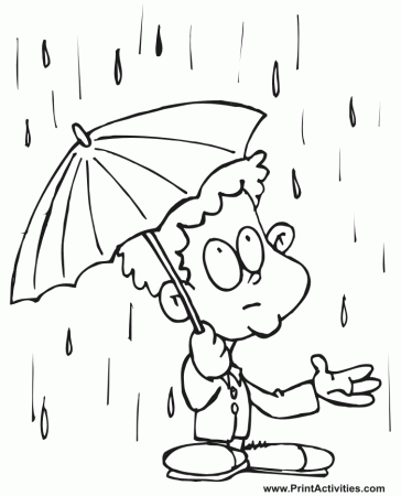 spring coloring page of boy with an umbrella in the rain 