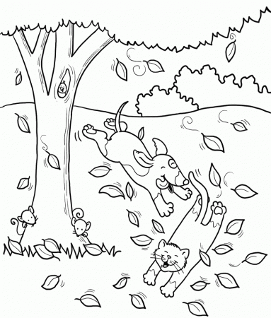Tree Coloring Pages : Leaf Fall Tree Coloring Page Kids Coloring Art