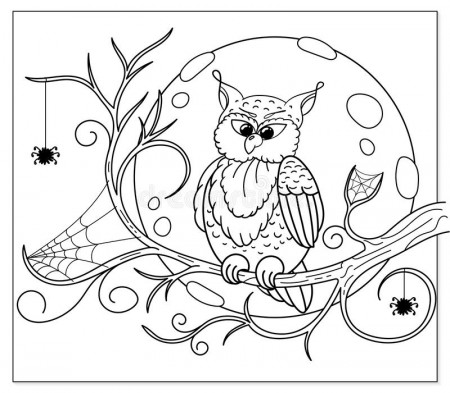 Halloween Owl Coloring Page Cartoon Sitting Dry Tree Branch Colouring  Picture Traditional Night Scene Doodle Design Pages – azspring