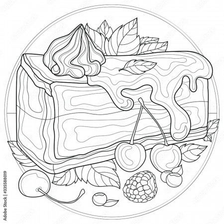 Delicious cheesecake with jam, cherry, raspberries, blueberries and  mint.Tasty sweets.Coloring book antistress for children and adults.  Zen-tangle style.Black and white drawing Stock Vector | Adobe Stock