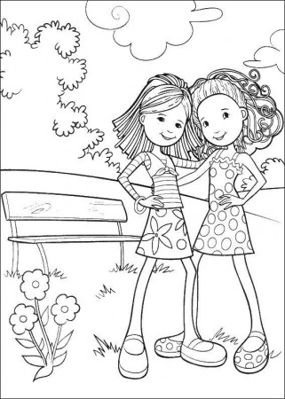 Online coloring pages Coloring page Two girls and bench coloring, Coloring  pages for kids.