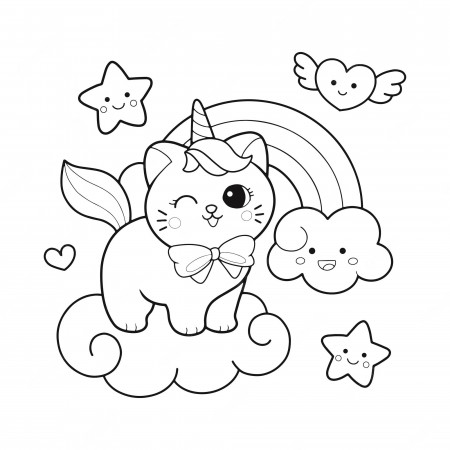 Premium Vector | Cute cat unicorn and rainbow hand drawn coloring page