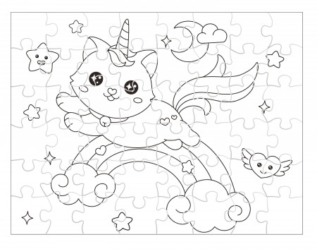 Kawaii Uni-kitty Cat Jumping Over Rainbow Color Your Own 48 - Etsy