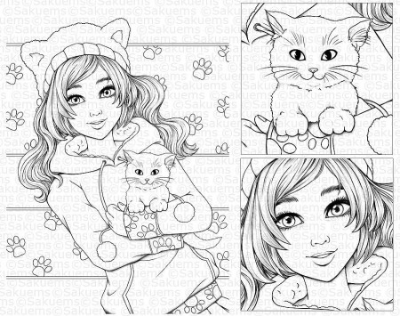 Digital Coloring Page Kitty Girl Manga Line Art Drawing - Etsy