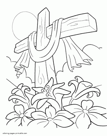 Easter Lilies and Cross coloring page || COLORING-PAGES-PRINTABLE.COM
