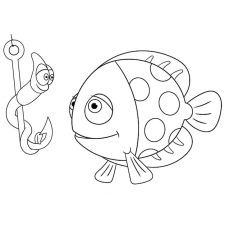 Premium Vector | Cute fish and worm on fishing hook. cartoon coloring book  page for kids.