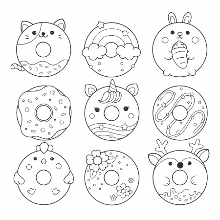 Premium Vector | Cute donuts character coloring page