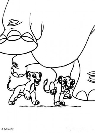 Lion cubs play with an elephant coloring pages - Hellokids.com