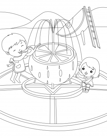 Coloring page of children playing in the playground fountain