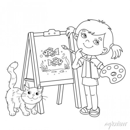 Coloring page outline of cartoon girl with brush, paints and • wall  stickers kindergarten, education, childish | myloview.com