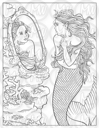 Reflection Adult Coloring Page Mermaid Fantasy Instant - Etsy