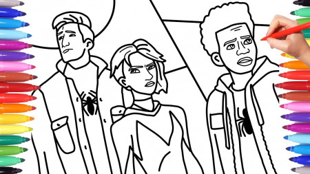 SPIDERMAN INTO THE SPIDERVERSE // MILES MORALES, PETER PARKER AND GWEN //  SPIDERMAN COLORING PAGES - YouTube