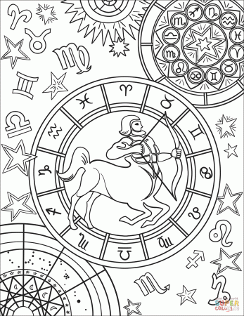 Sagittarius Zodiac Sign coloring page | Free Printable Coloring Pages |  Star coloring pages, Space coloring pages, Mandala coloring pages