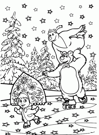Masha and the Bear coloring page - Masha the Bear and She Bear skating on  ice while it snows | Bear coloring pages, Masha and the bear, Coloring pages