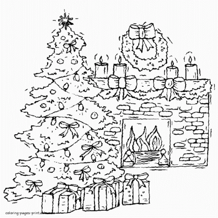 Christmas tree and fireplace. Coloring page || COLORING-PAGES ...