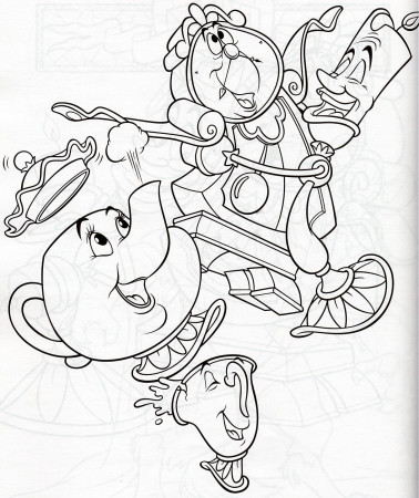 Mrs. Potts, Cogsworth, & Lumiere | Cartoon coloring pages, Disney coloring  pages, Coloring books