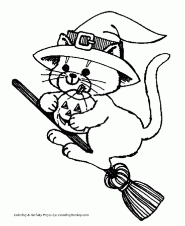 Halloween Witch Coloring Pages - Cat Witch on a Broom | HonkingDonkey
