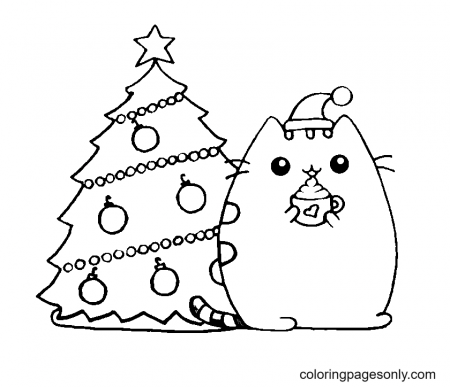 Christmas Holiday Pusheen Cat Coloring Page - Free Printable Coloring Pages