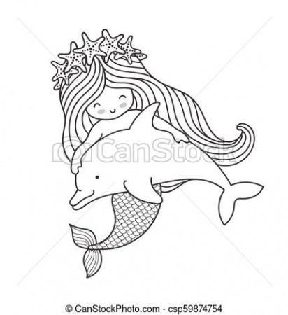 Mermaid in a wreath of starfish, floating with a dolphin. vector outline  illustration, sketch, doodle.