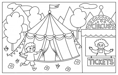 Premium Vector | Vector black and white scene with circus marquee boy  running to the ticket box with clown street show line background cute  festival illustration amusement park coloring pagexa