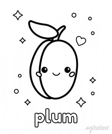 Coloring page for preschool children. cute kawaii plum berry posters for  the wall • posters illustration, isolated, baby | myloview.com