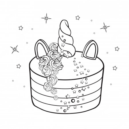 Premium Vector | Coloring page cake with unicorn decoration