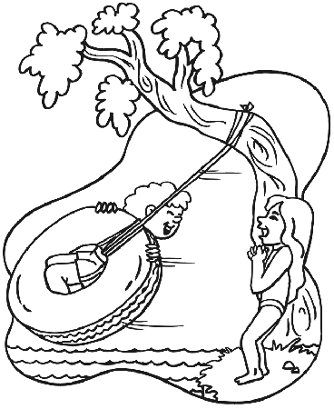 Summer Coloring Page | 2 Kids Playing With Tire Swing