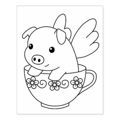 Flying Pig in a Teacup Coloring Page Rubber Stamp | Zazzle.com in 2020 |  Flying pig painting, Coloring pages, Pig painting