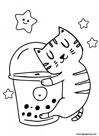 Cat holding Boba Tea Coloring Page ...