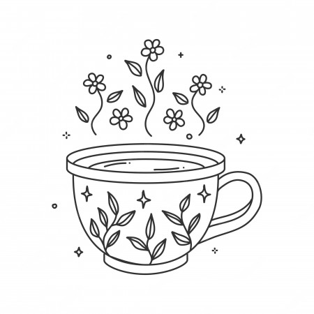 Premium Vector | Coloring book pages hygge cups tea or cozy coffee. mug  with floral pattern and different flowers plant ornaments art print  elements illustration.