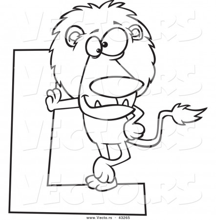 Vector of a Cartoon Lion Leaning Against a Letter L - Coloring Page Outline  by toonaday - #43265