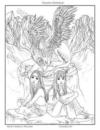 Girls & Gryphon Fantasy Coloring Page by Maria J. William | Etsy