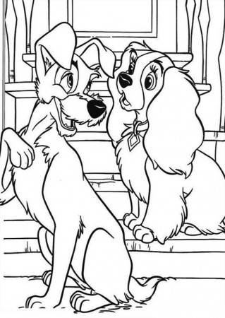 Lady and The Tramp in Front of the Door Coloring Page - Free ...