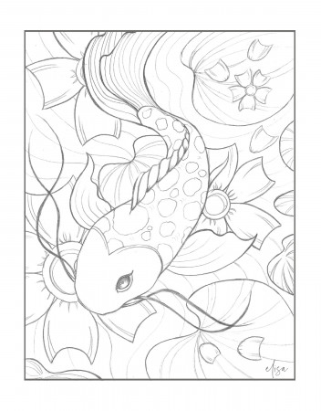 Koi Fish Coloring Page Original Hand Drawn Design by Elisa - Etsy