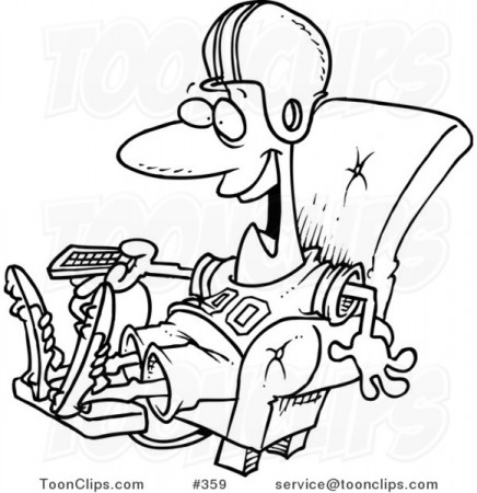 Cartoon Coloring Page Line Art of a Football Fan Watching TV in an Arm  Chair #359 by Ron Leishman