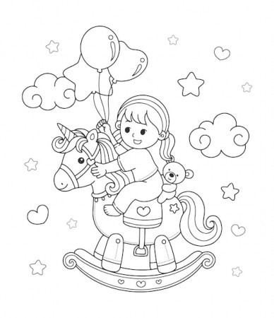 Premium Vector | Cute little girl riding a unicorn rocking horse drawing coloring  page illustration