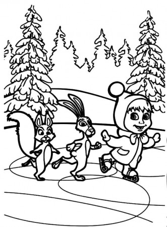 Masha and the Bear Skiing in Winter Season Coloring Pages | Color Luna