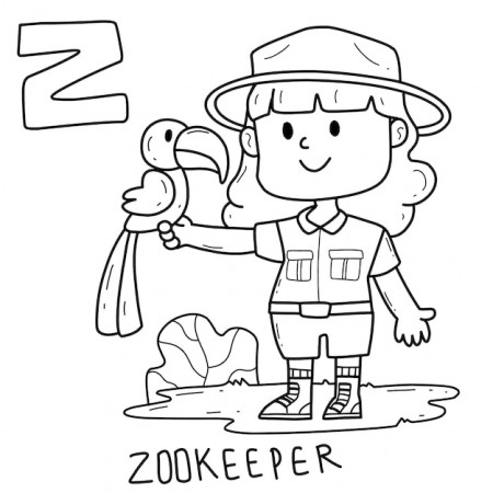 Premium Vector | Alphabet occupation zookeeper coloring book with word