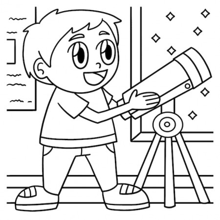 Premium Vector | Boy using telescope coloring page for kids